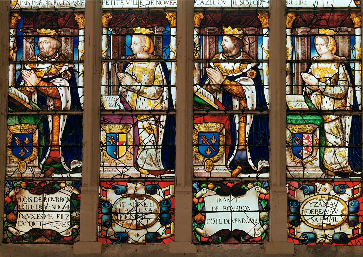 Okno zobrazující Louis de Bourbon (1376-1446) hrabě z Vendome, Jeanne de Laval († 1468) Jean II de Bourbon (1446-77) hrabě z Vendome abd Isabelle de Beauvau († 1474) od French School