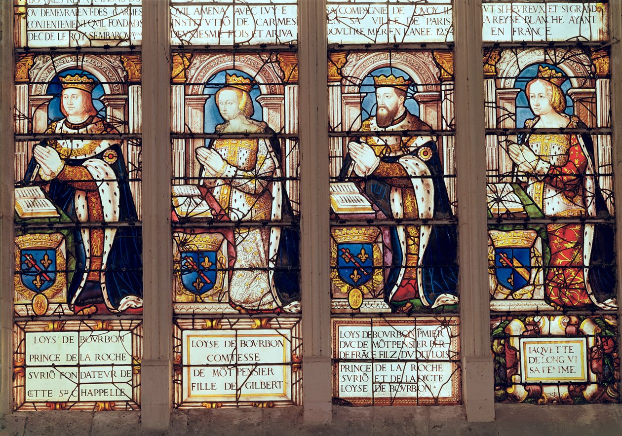 Okno zobrazující Louise de Bourbon (1465-1520) prince z La Roche-sur-Yon, Louise de Bourbon († 1561) hraběnku z Montpensier, Ludvíka II. Bourbonského (1513-82) vévodu de Montpensier a Jacquette de Longwy ( od French School