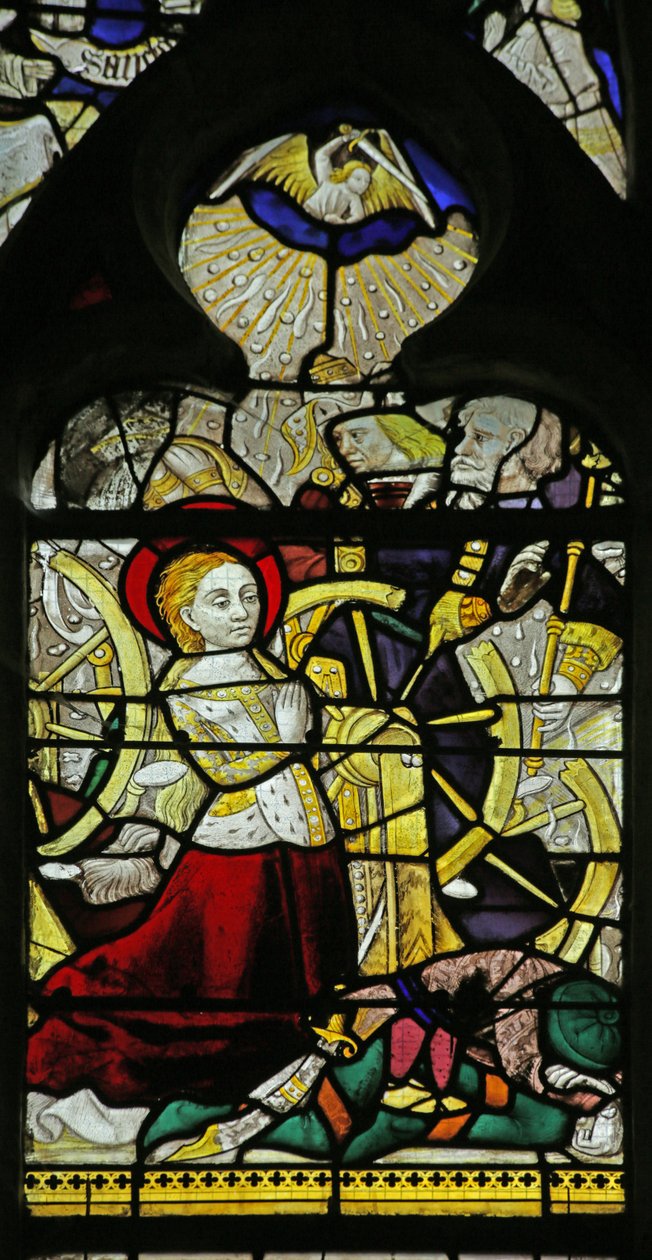 Okno zobrazující modlící se svatou Kateřinu a anděly lámající kolo házením kamenů, 1460-70 od French School