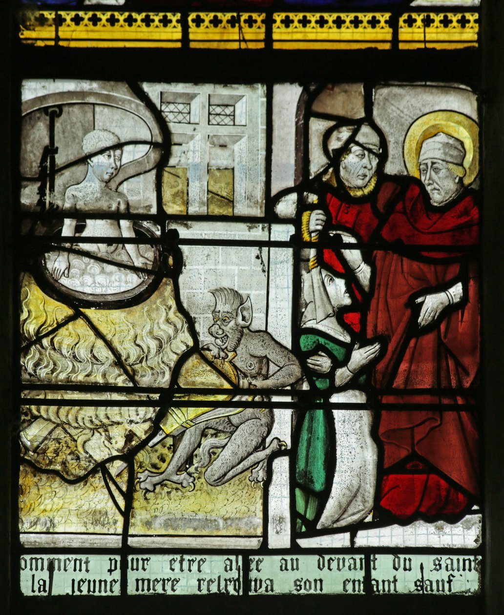 Okno zobrazující svatého Mikuláše zachraňujícího dítě před uvařením zaživa, 1460-70 od French School