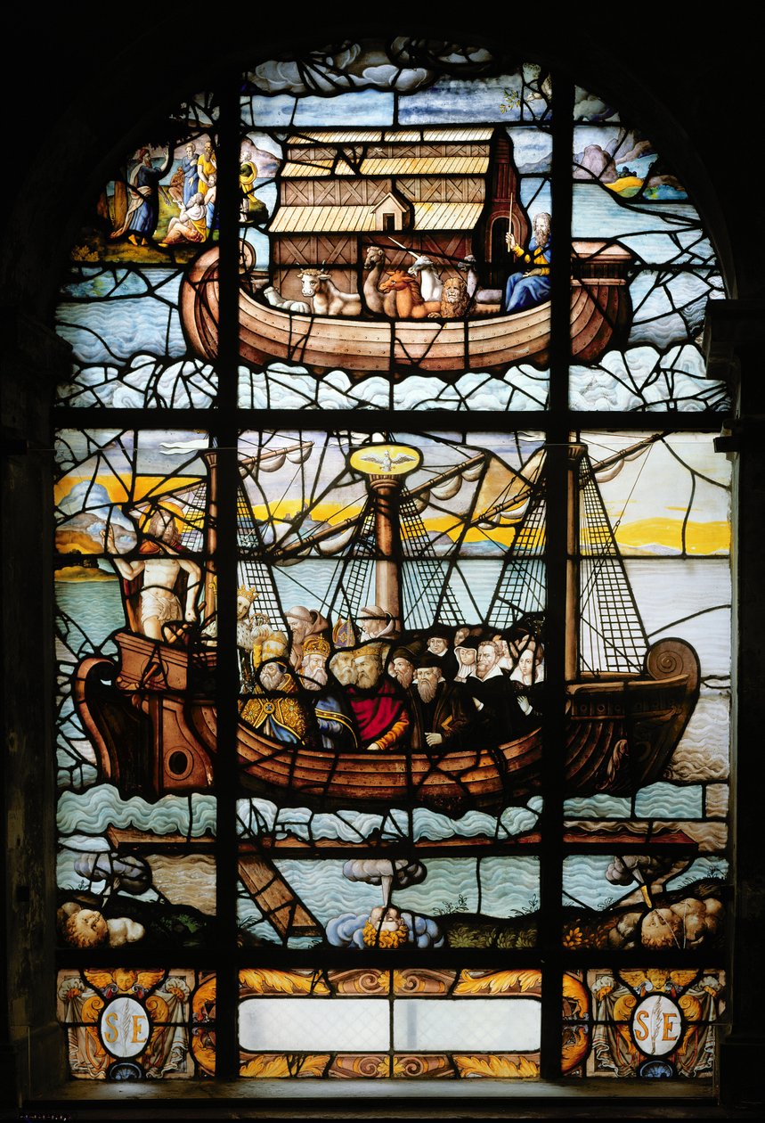 Okno zobrazující loď se svatými a Noemovou archou, 1612-22 od French School