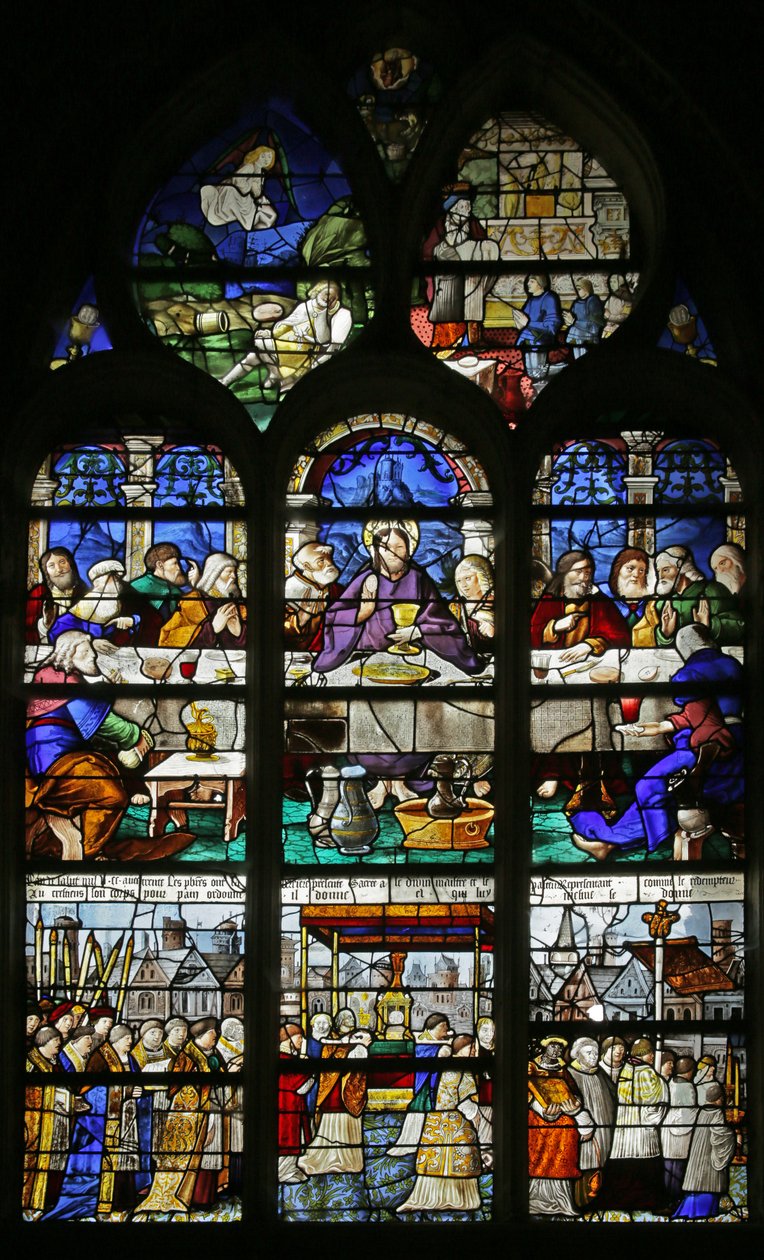 Okno zobrazující Poslední večeři a procesí Nejsvětější Svátosti, 1530 od French School