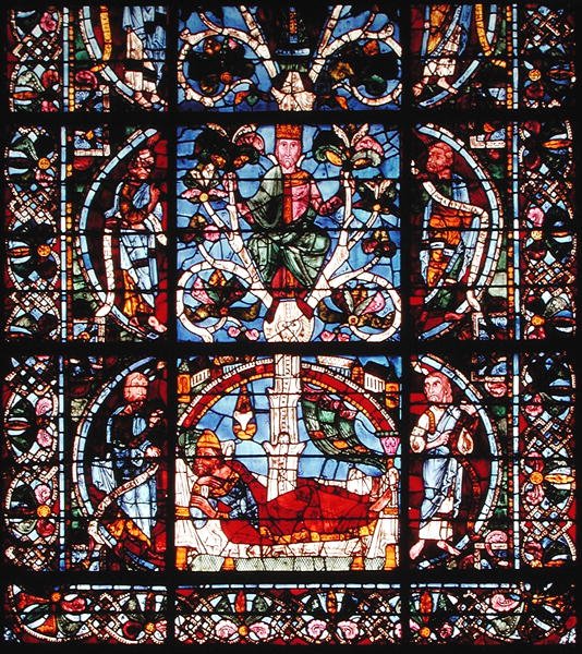 Okno zobrazující strom Jesse, detail spodní poloviny (vitráže) od French School