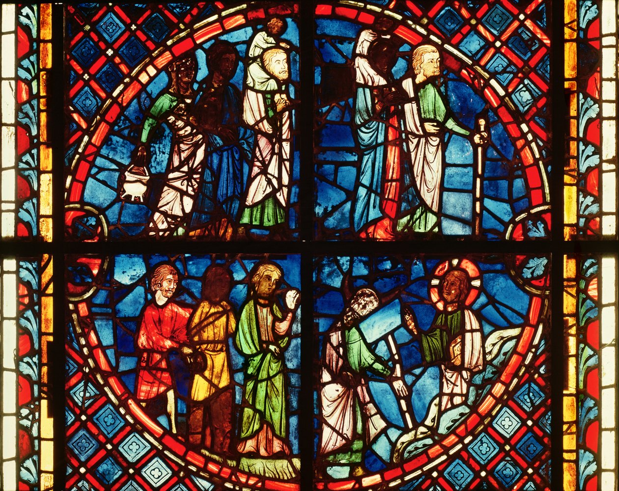 Okno z kaple Panny Marie zobrazující Izraelity v poušti a Mojžíše na hoře Sinaj, kolem 1240-50 od French School