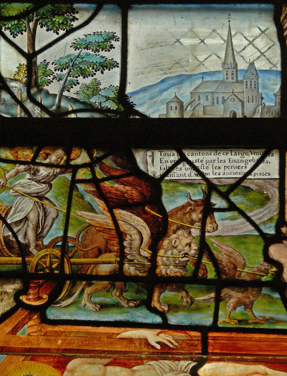 Okno v Charnier (w.11) zobrazující detail z Mystic Wine Press od French School