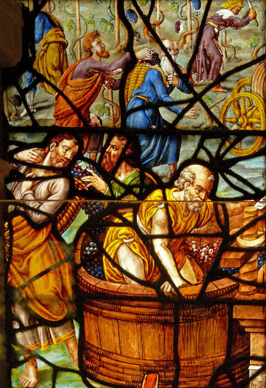 Okno v Charnier (w.11) zobrazující detail z Mystic Wine Press od French School