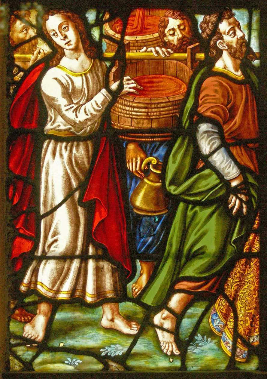 Okno v Charnier (w.11) zobrazující detail z Mystic Wine Press od French School