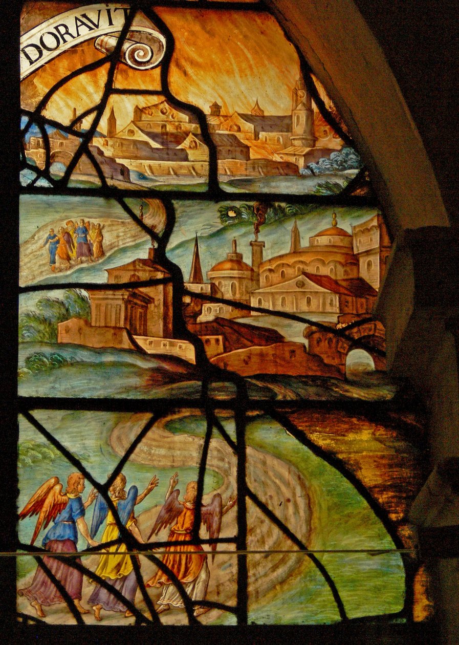Okno v Charnier (w.13) zobrazující dvě scény: Zabití prasete: Abrahama navštěvují 3 andělé (vitráže) od French School