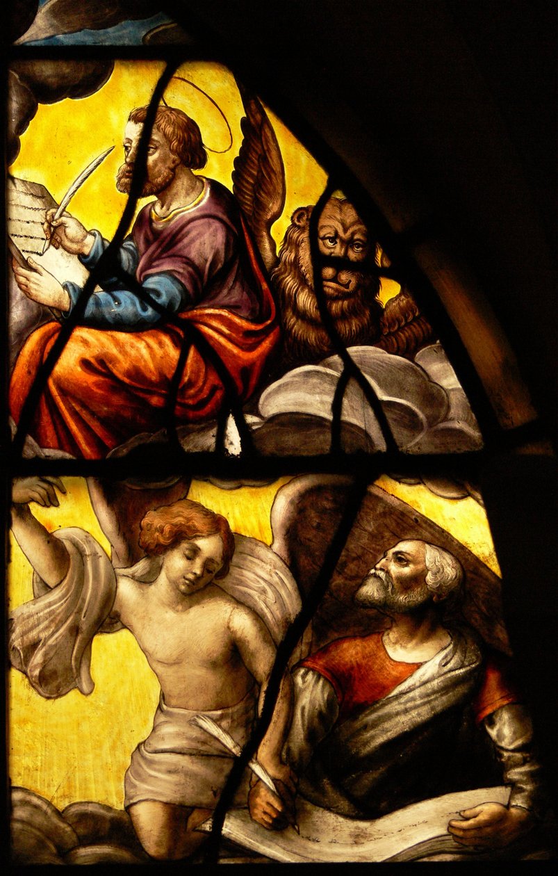 Okno v Charnier (w.2) zobrazující detail ze Zázraku Hostie: Svatý Marek a Svatý Matouš od French School