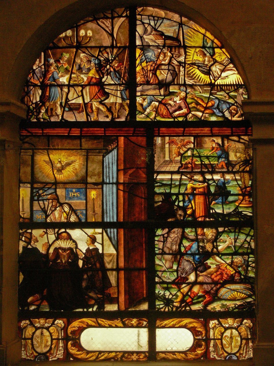 Okno v Charnier (š.6) zobrazující Pesach, Velikonoce a hříchy od French School