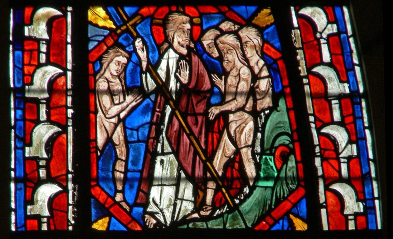 Okno w107 zobrazující Harrowing of Hell; Ústa pekla od French School