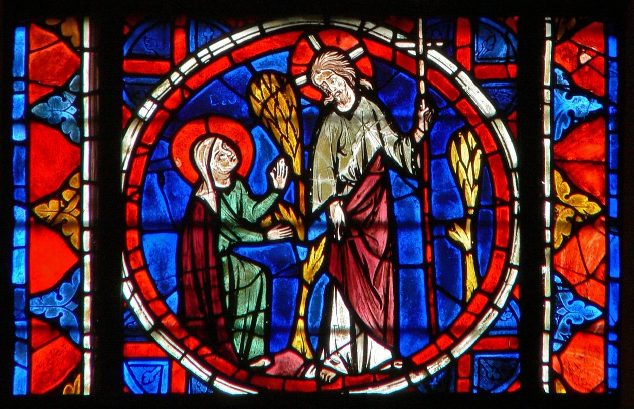 Okno w109 zobrazující svatou Máří Magdalenu s Kristem v zahradě Vzkříšení od French School