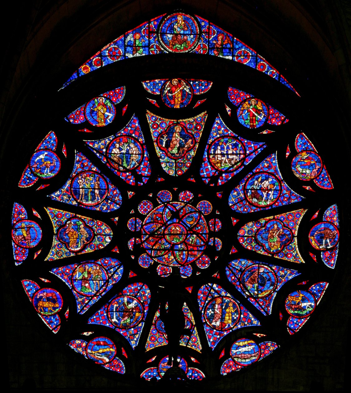 Okno w115 zobrazující Stvoření (částečně moderní) (růžové okno - vnitřní) od French School