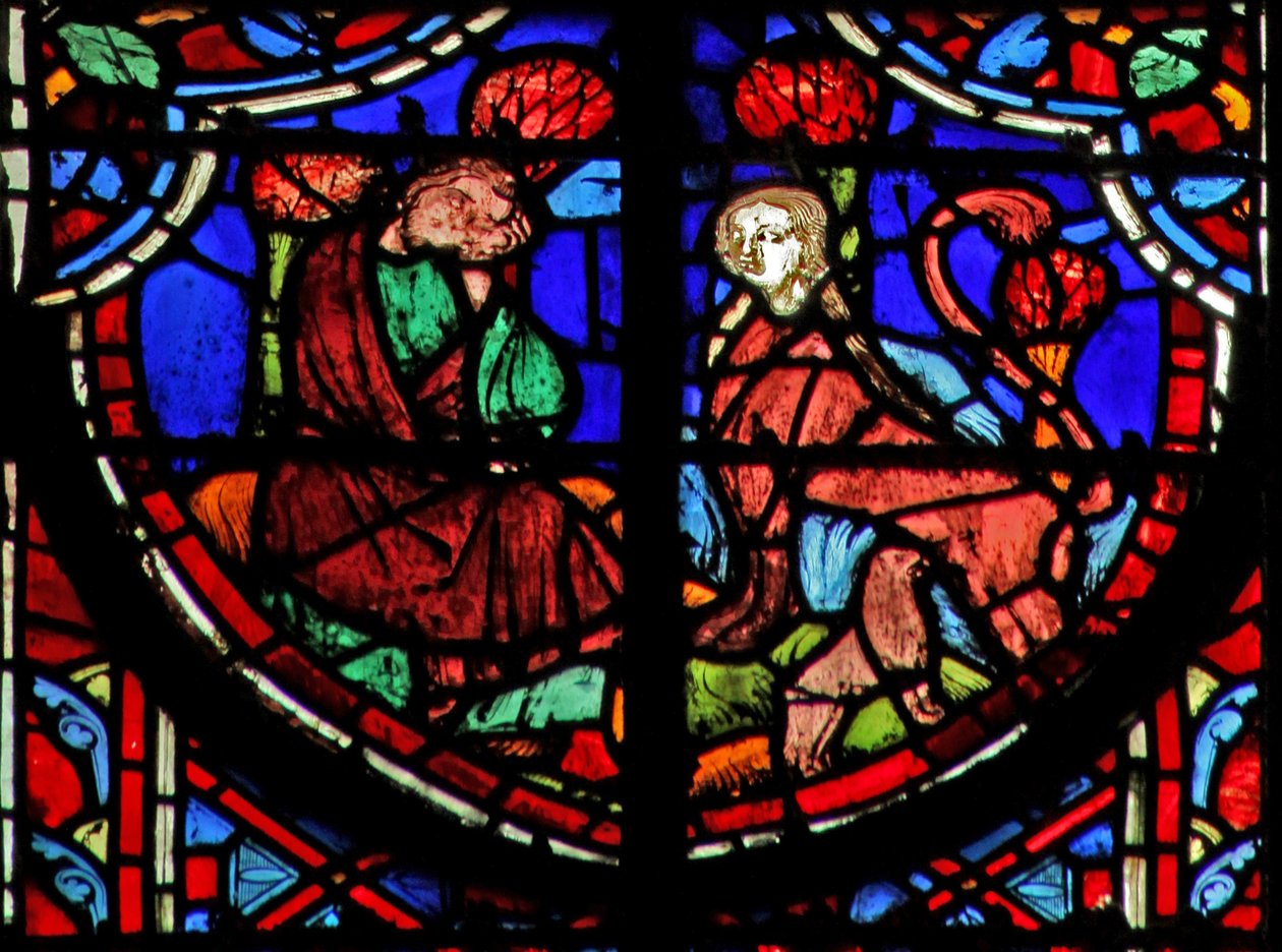 Window w11 Jeremiáš vidí šakala - se samičí hlavou krmící mláďata?. Lam IV 3 od French School