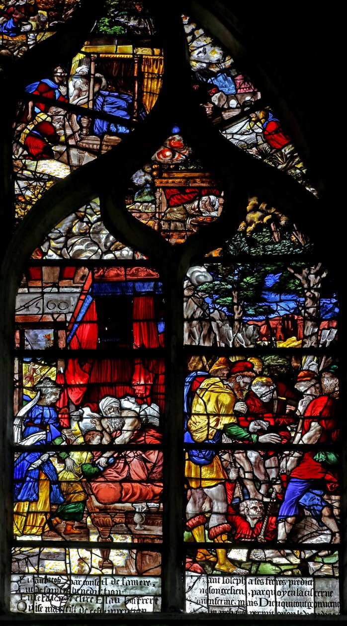 Okno w126 zobrazující Jacoba získává Isaacs Blessing; Joseph je spuštěn do jámy od French School