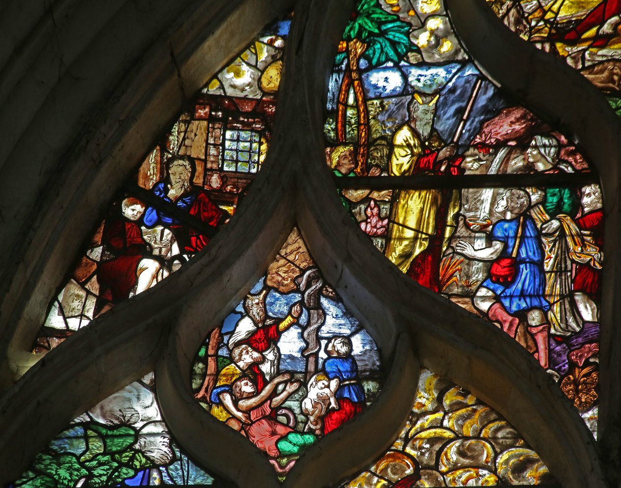 Okno w126 zobrazující scény Mojžíše; mosazný had; u skály Horeb od French School