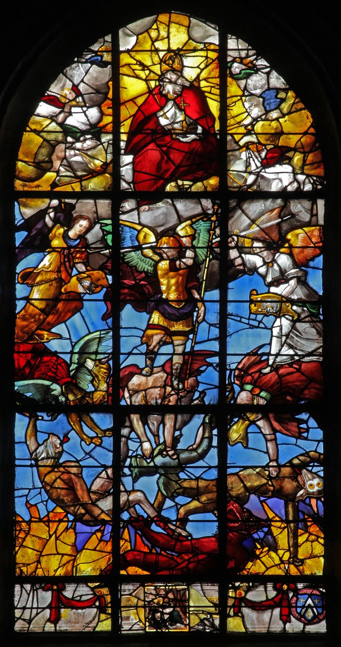 Okno w12 zobrazující svatého Michaela a rebelské anděly od French School