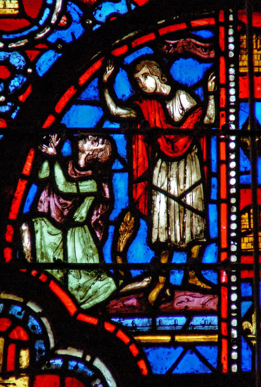 Window w13 Mordecai si pronajímá své šaty a obléká si žíně a popel Esth IV 1 od French School