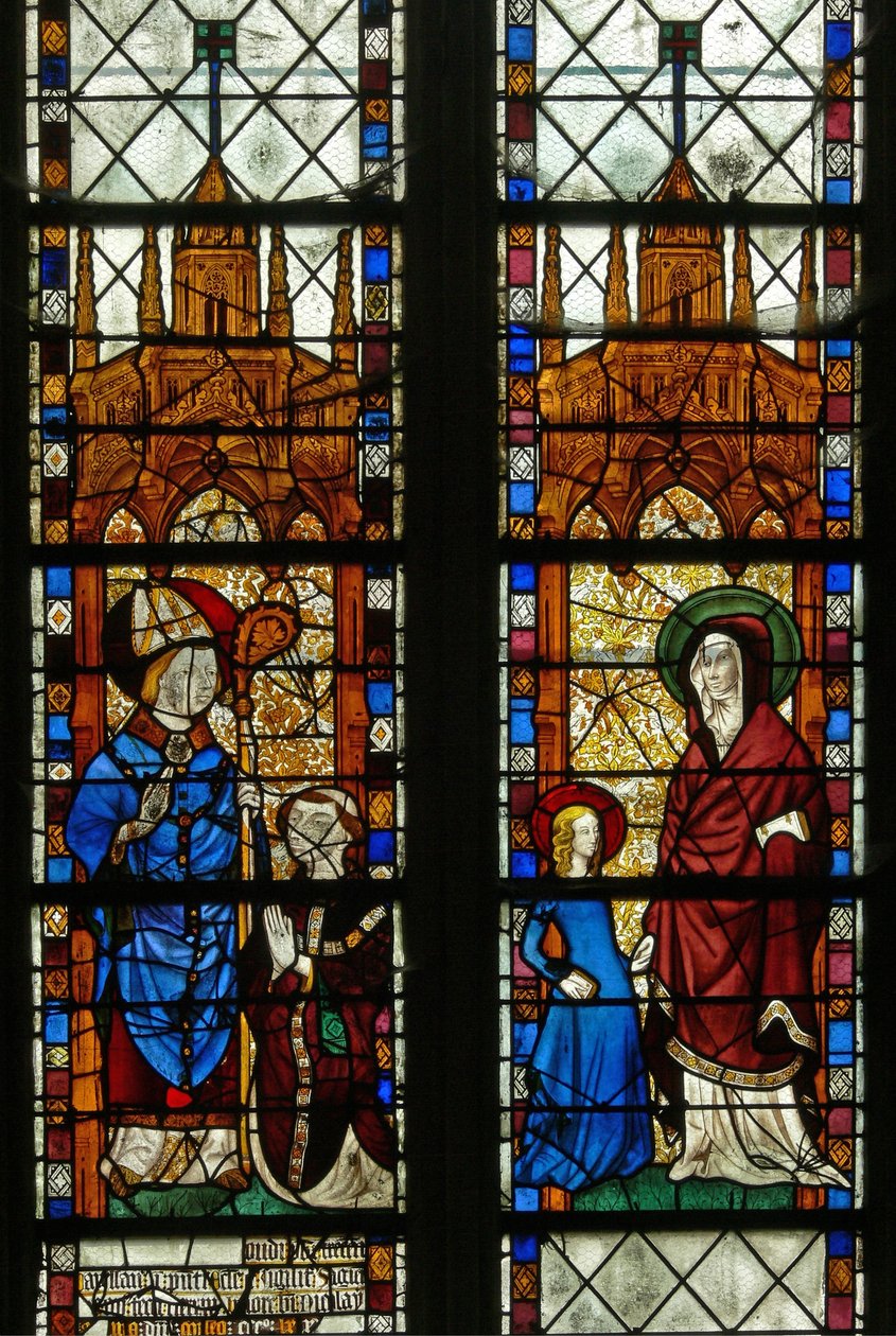 Okno w17 zobrazující svatého Mikuláše a dárce Oudina de Troyes; Svatá Anna a Panna Maria od French School
