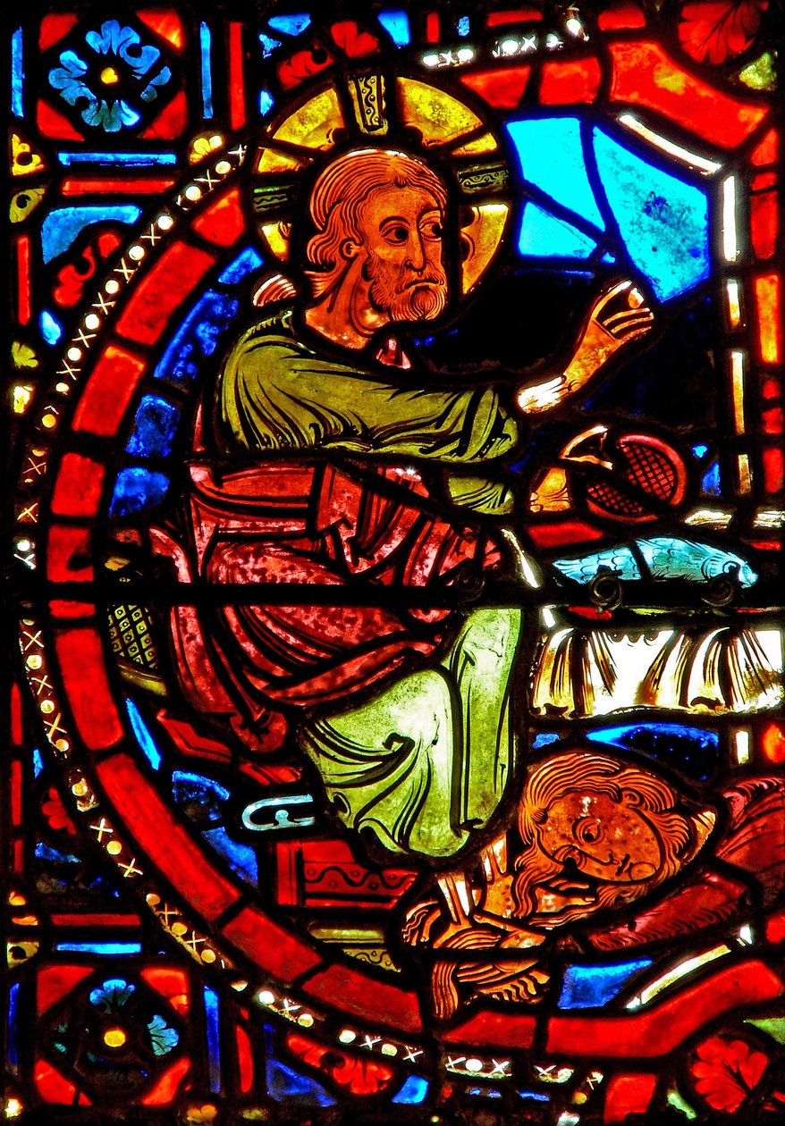 Okno w17 zobrazující výjev ze života svaté Máří Magdalény - světice umývající Kristovy nohy od French School