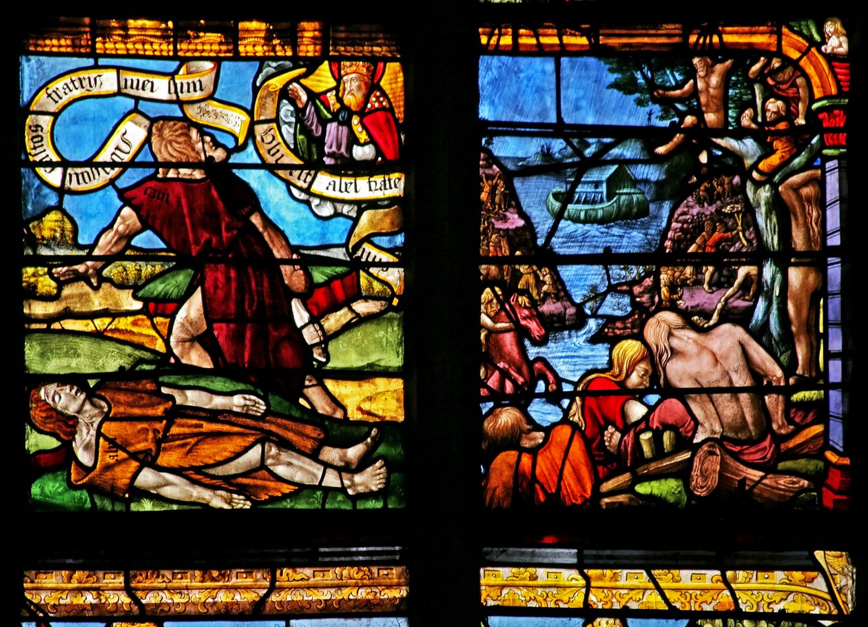 Okno w1 zobrazující Kain zabíjí Abela; Noemova archa od French School