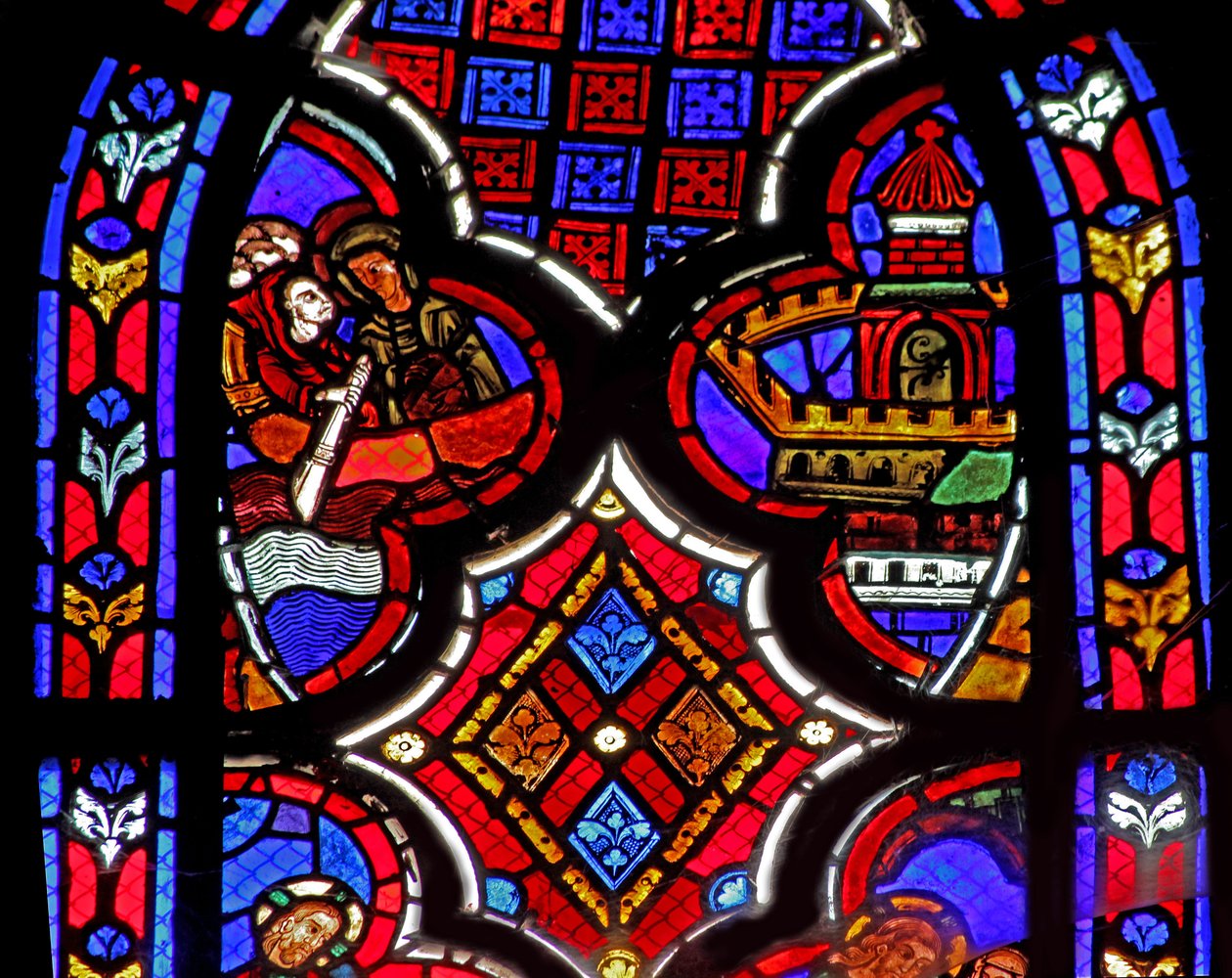 Okno w1 zobrazující scénu ze života svaté Máří Magdaleny - světice - cestuje do Marseille od French School