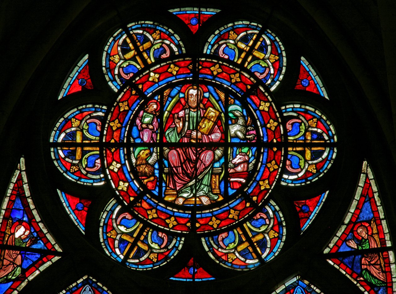 Okno w200 zobrazující růžici: Krista obklopeného symboly evangelistů od French School