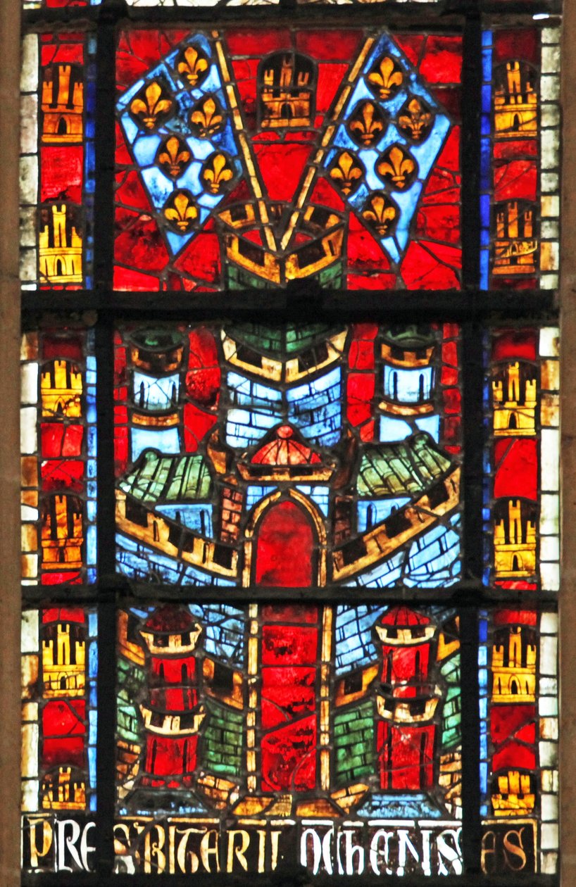 Okno w205 zobrazující zámek a vlajky s fleur-de-lis od French School
