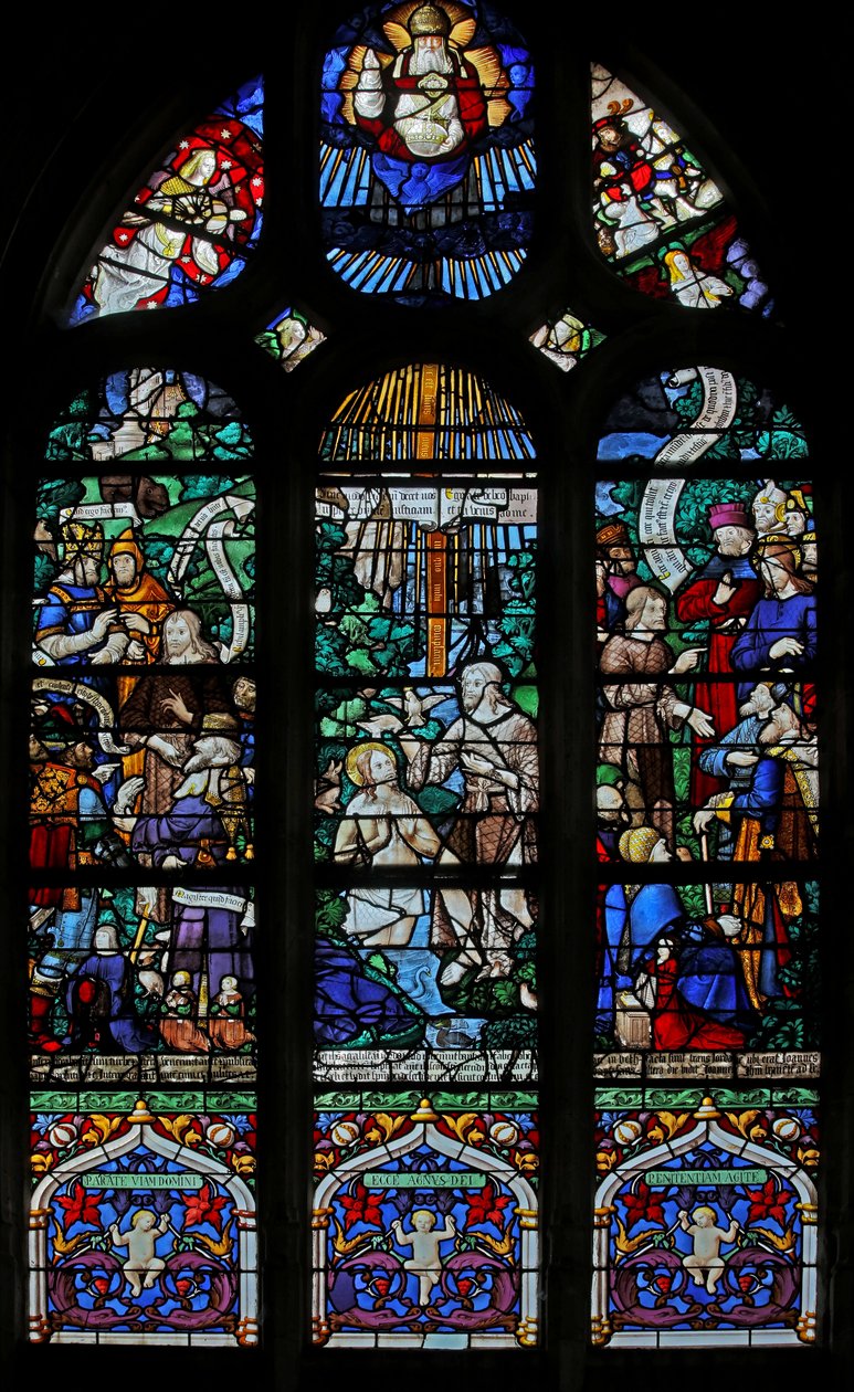 Okno w20 zobrazující okno sv. Jana Křtitele: Jordan Baptism; kázat a být vyslýchán od French School