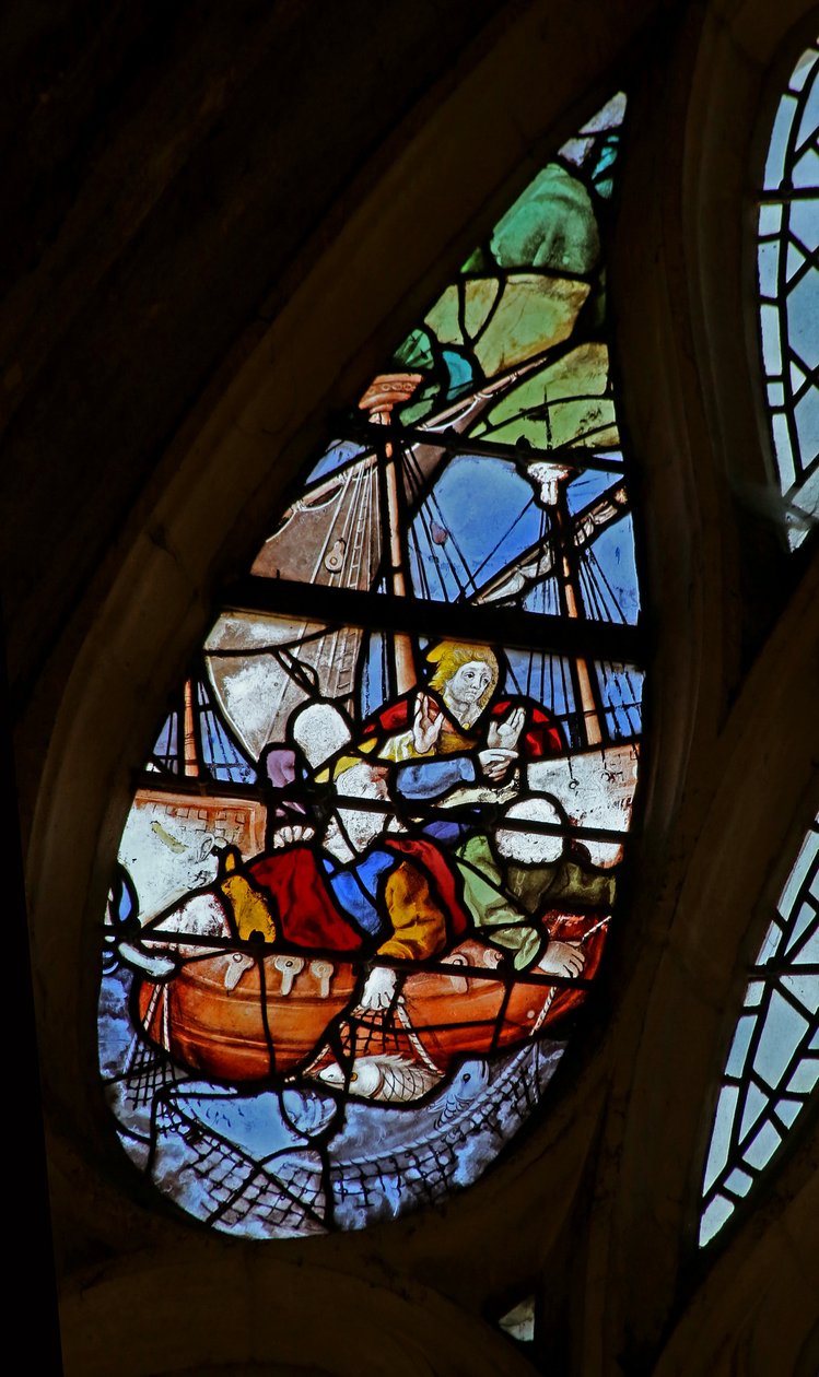 Okno w21 zobrazující Krista přiměje svatého Petra chodit po vodě - detail od French School