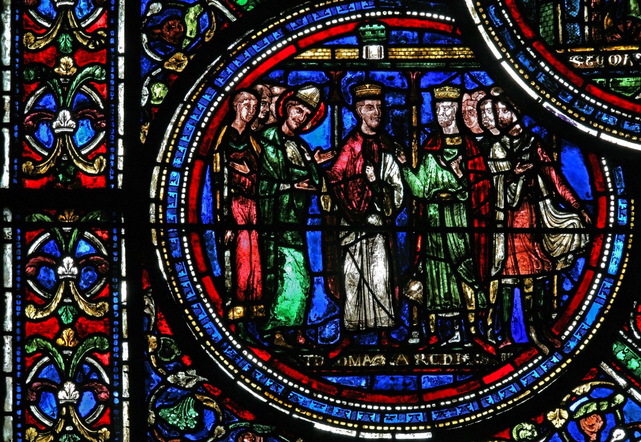 Okno w23 zobrazující svatého Tomáše Becketa s Jindřichem II. a Ludvíkem VII od French School