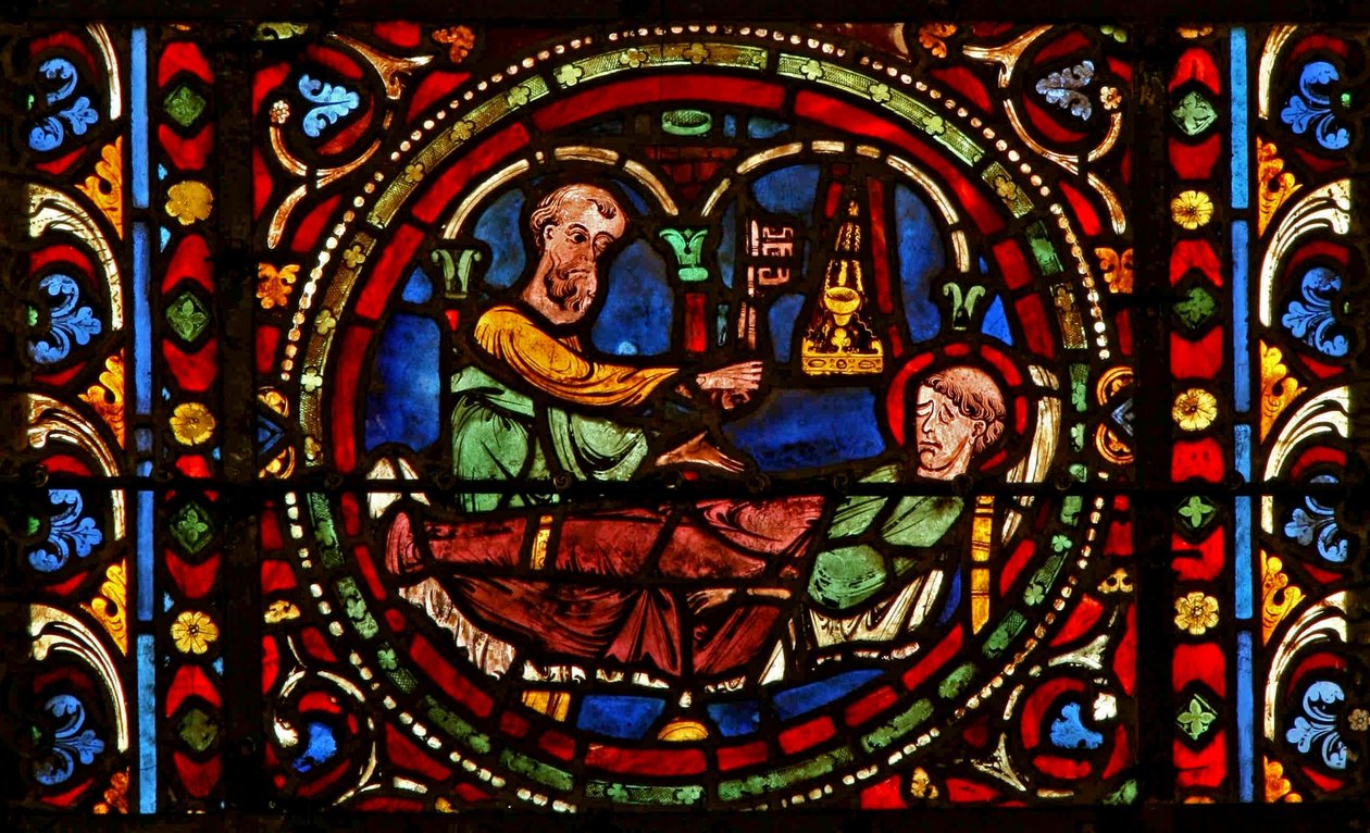 Window w2 zobrazující St Germain sní o tom, že dostane klíče od Paříže od French School