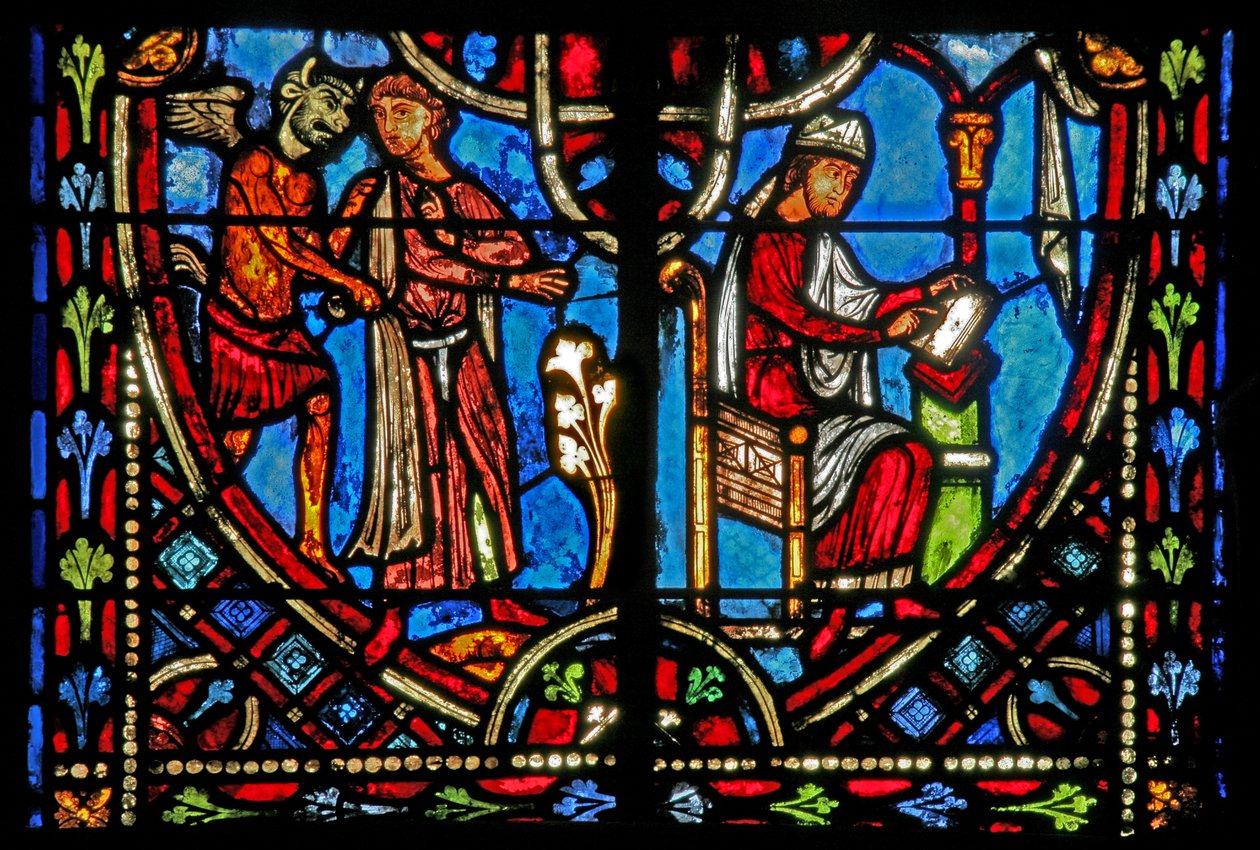 Okno w2 zobrazující scénu z příběhu Theophilus (moderní) od French School