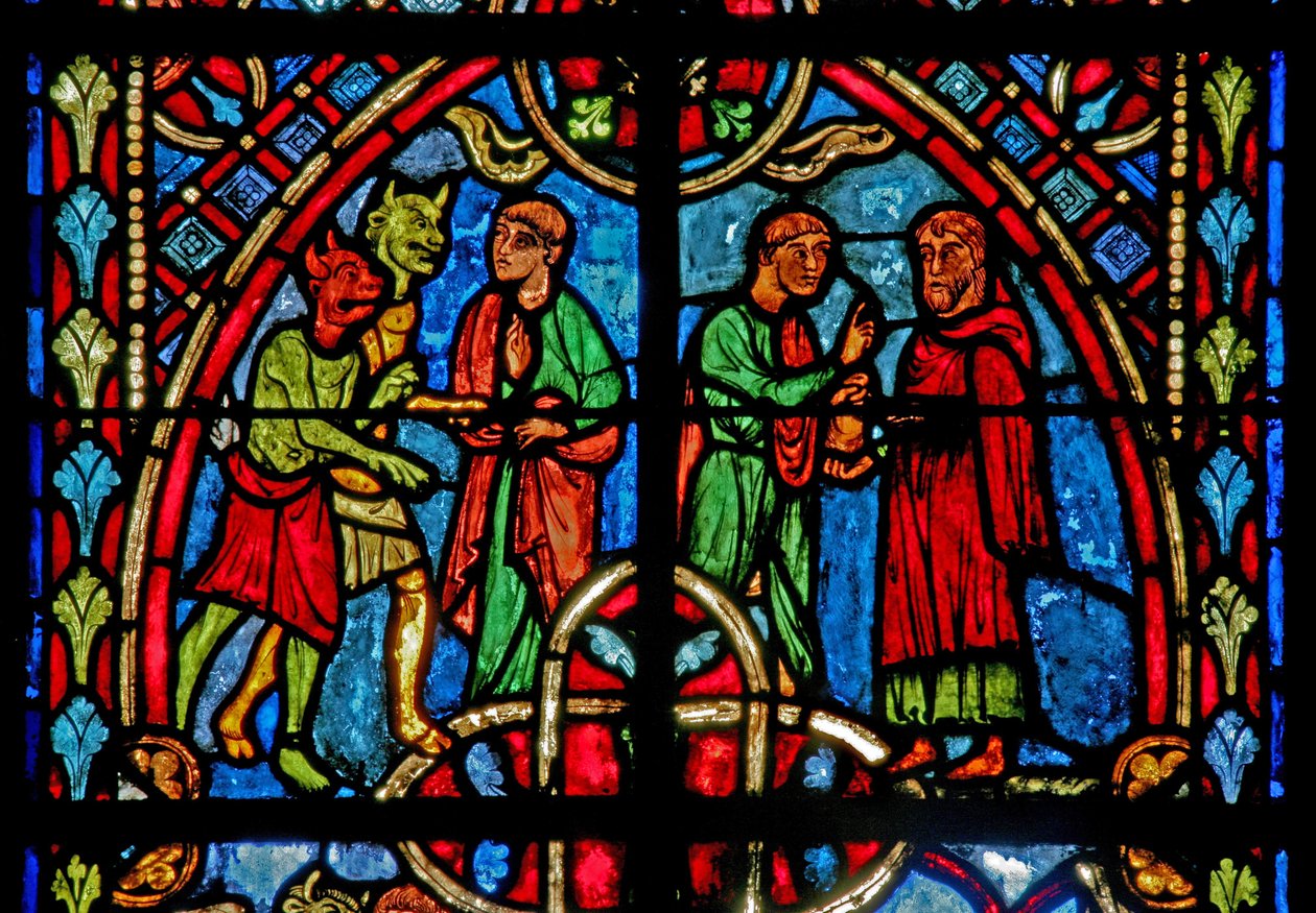 Okno w2 zobrazující scénu z příběhu Theophilus (moderní) od French School
