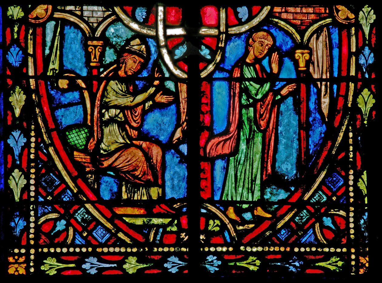 Okno w2 zobrazující scénu z příběhu Theophilus (moderní) od French School