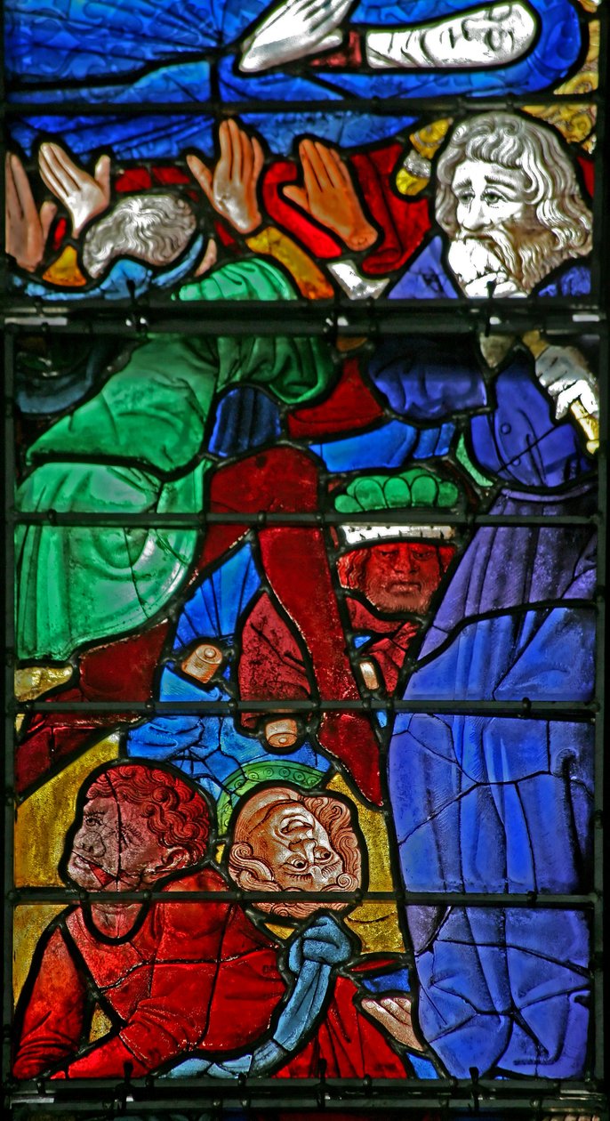 Okno w4 zobrazující Pohřeb Panny Marie a převrácení rakve (Chlapec z Bourges) od French School
