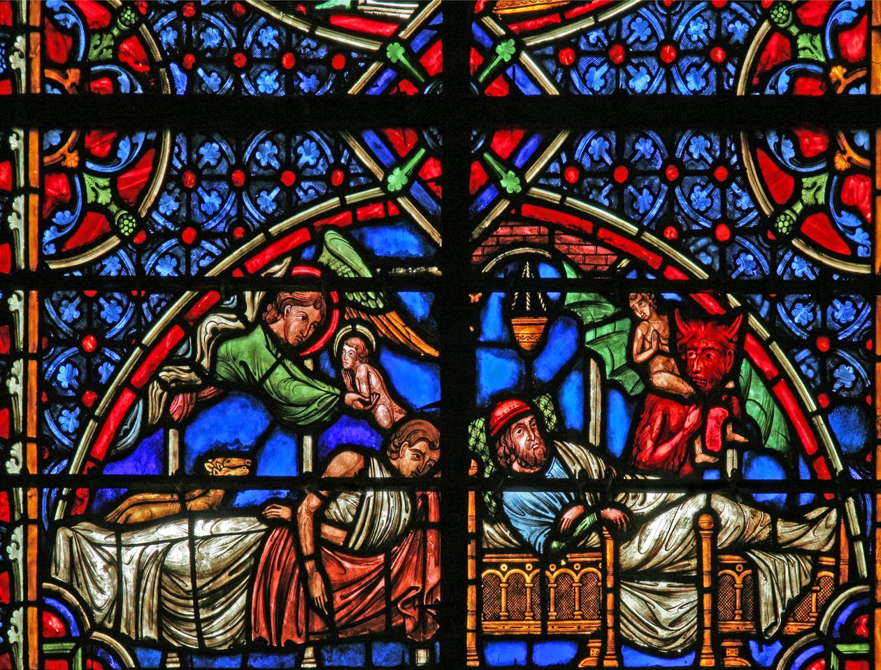 Okno w4 zobrazující Podobenství o ponorech a Lazarovi – jejich smrti od French School