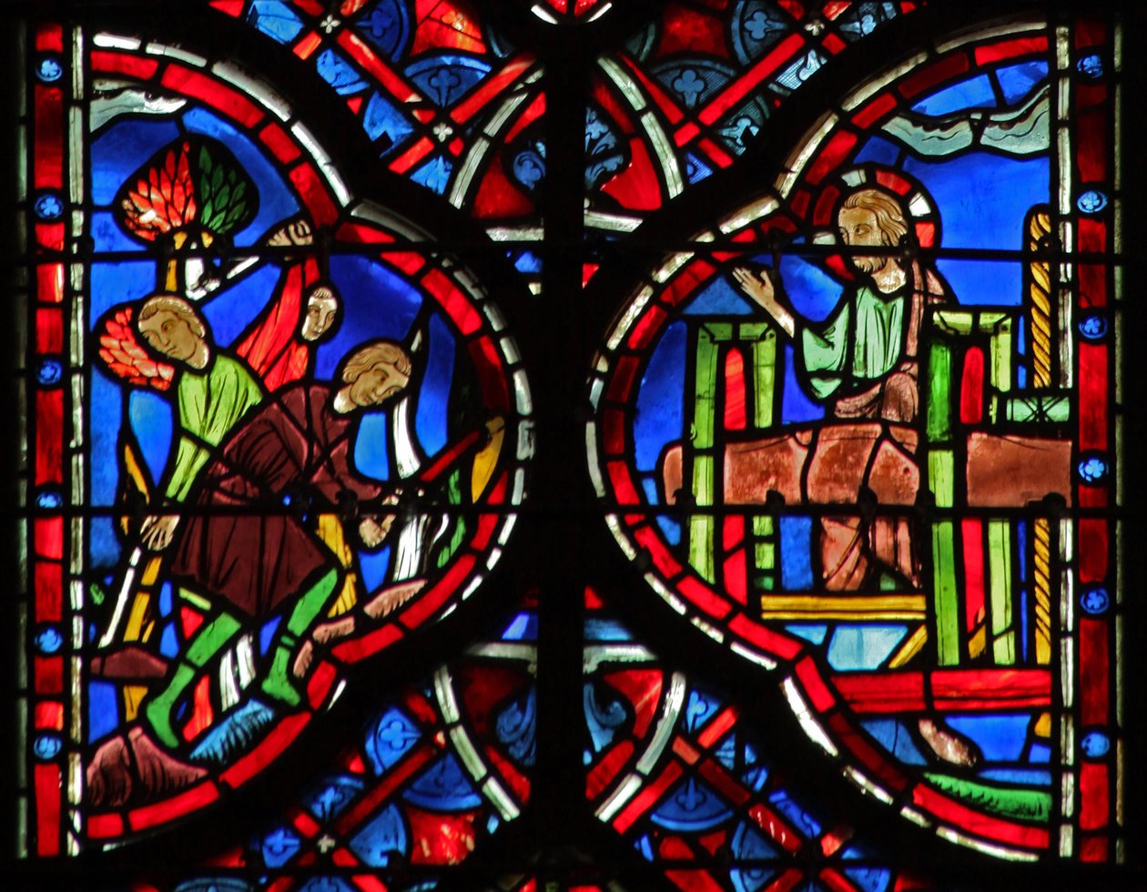 Okno w6L Lesní stromy jsou káceny sekerou (L) Is X 33-34. Kristus s lisem (R) je LXIII 1-6 od French School