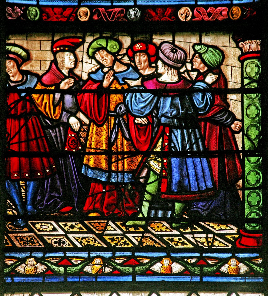 Okno w6 zobrazující farizeje v synagoze od French School