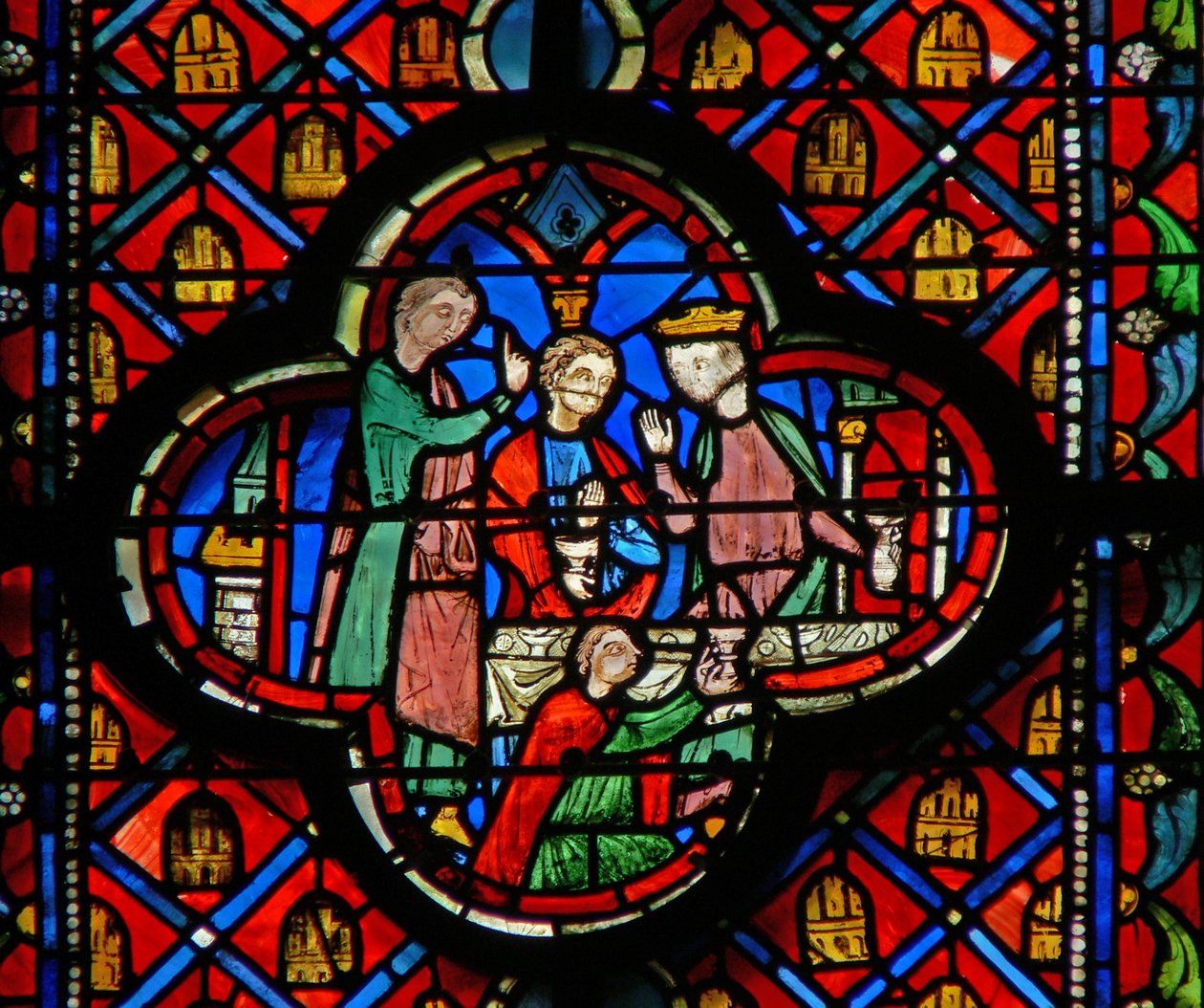 Window w9R Daniel vysvětluje zázrak na svátku Balthazzas (Belshazzar). Dan V 1 od French School