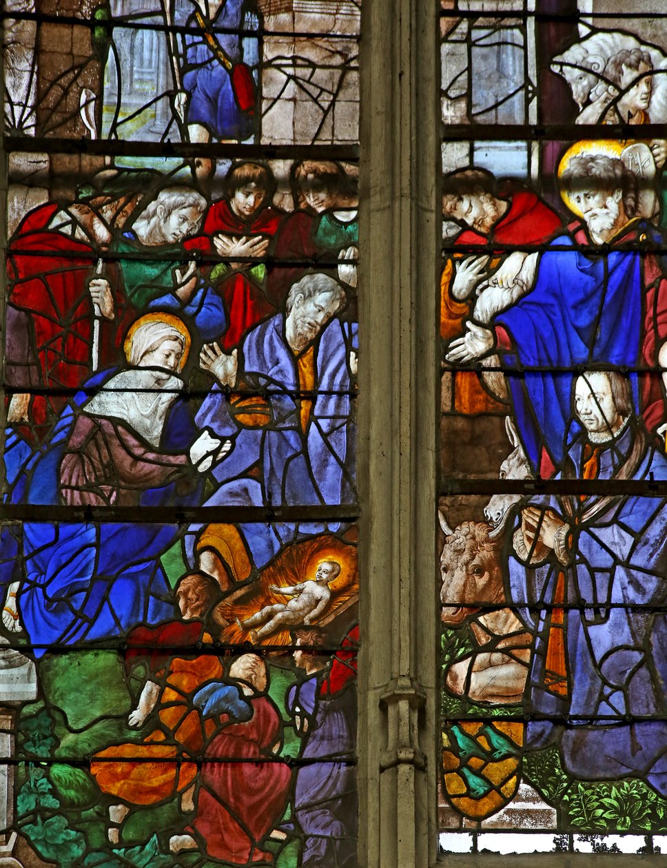 Okno w9 zobrazující Klanění pastýřů; dárce Baurot a St Roche od French School