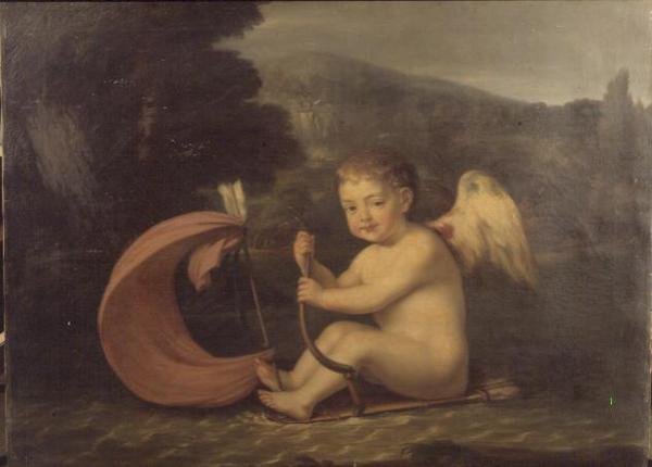 Okřídlený Cupid, plavící se na člunu s toulcovým trupem a šípovým stožárem, cca 1800 od French School