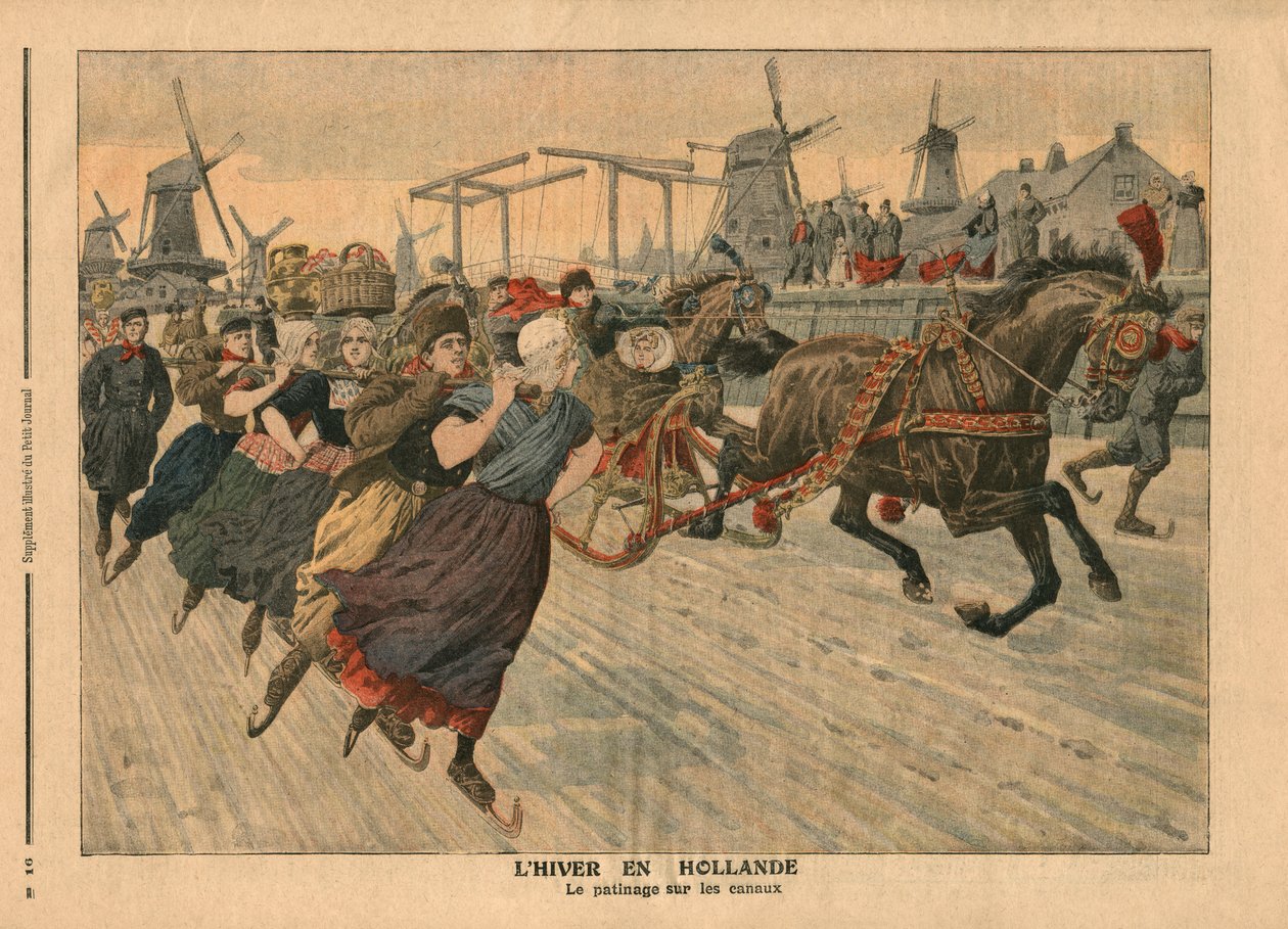 Zima v Holandsku, bruslení na kanálu, ilustrace z 