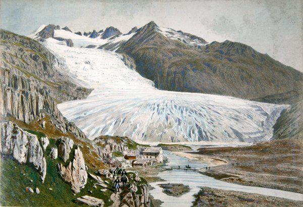 Zimní krajina a cestovatelé v Pyrenejích, cca 1850 (barevné lito) od French School