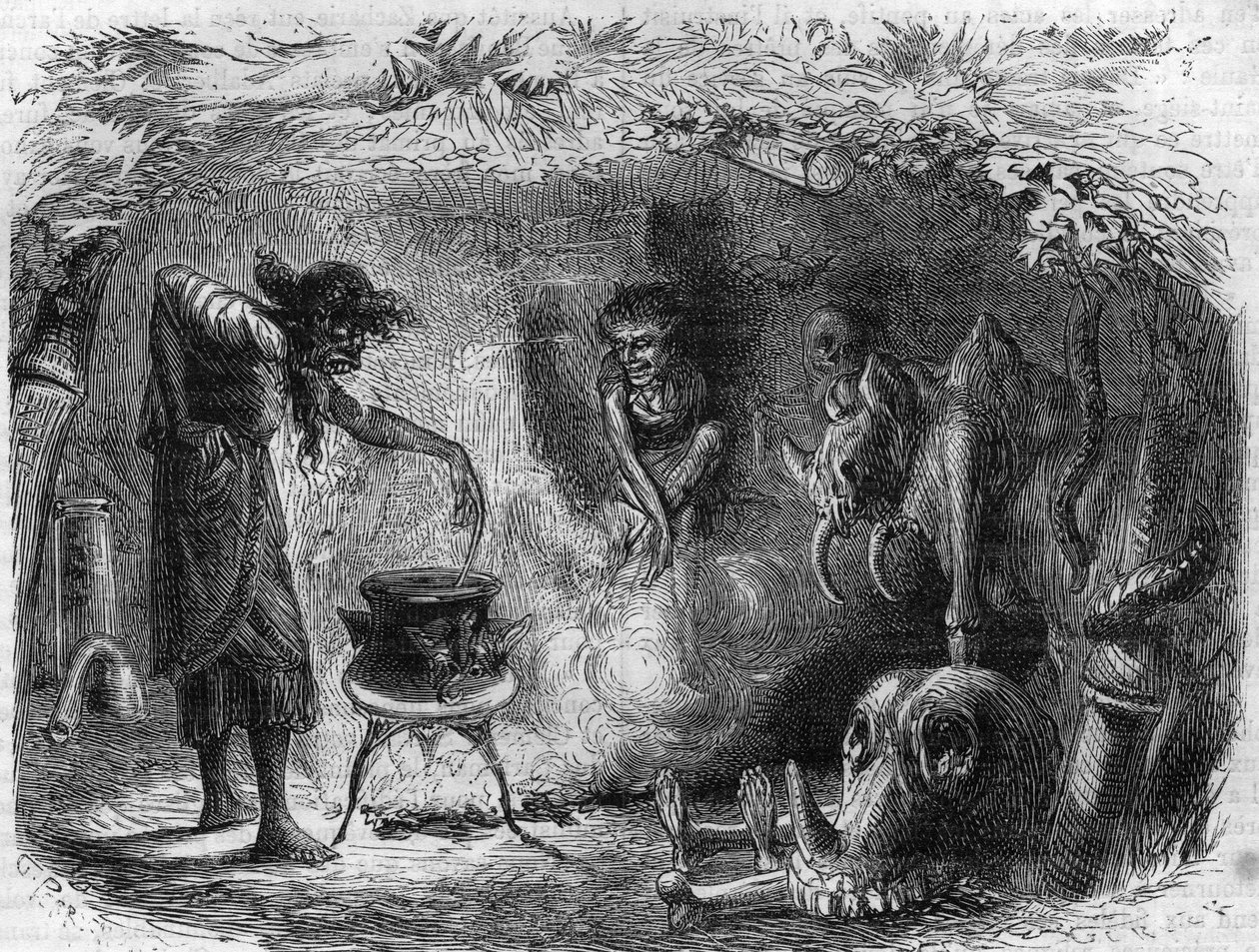 Čarodějnická praxe: čarodějnice kolem kotlíku vyrábí kouzelné lektvary a třídění. Rytina v „Histoire des Papes-Rois-Queen and Empereurs a travers les století“ od Maurice Lachatre od French School