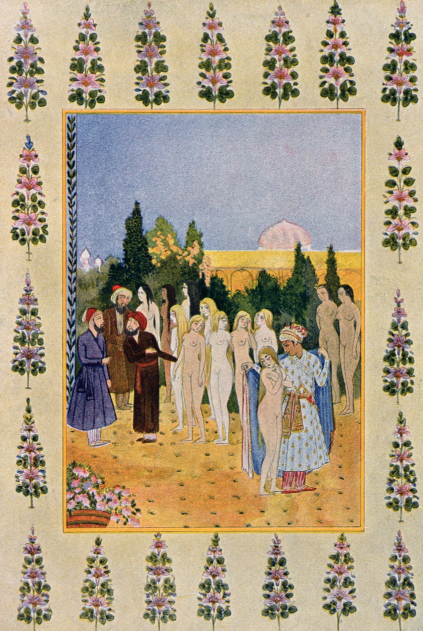 Svým pláštěm ochráním její nahotu, ilustrace z Arabských nocí, 1895 (barevná rytina) od French School