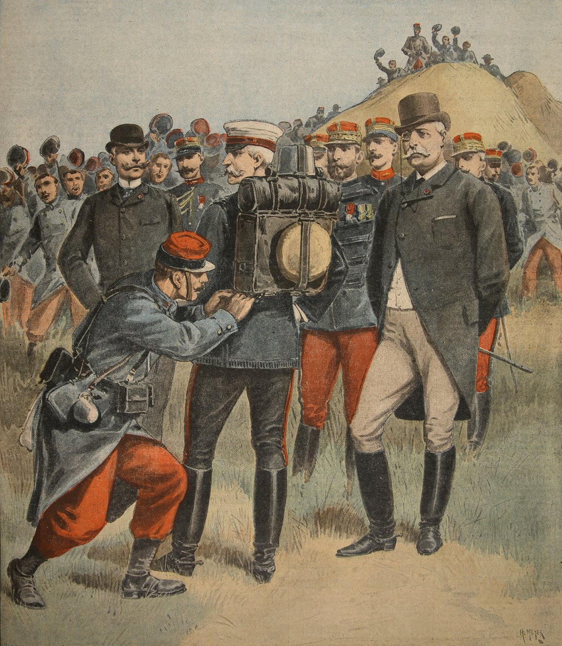 S armádními manévry: Vévoda z Connaughtu testující pytel vojáka, ilustrace z Le Petit Journal: Supplement illustre, 2. října 1898 od French School