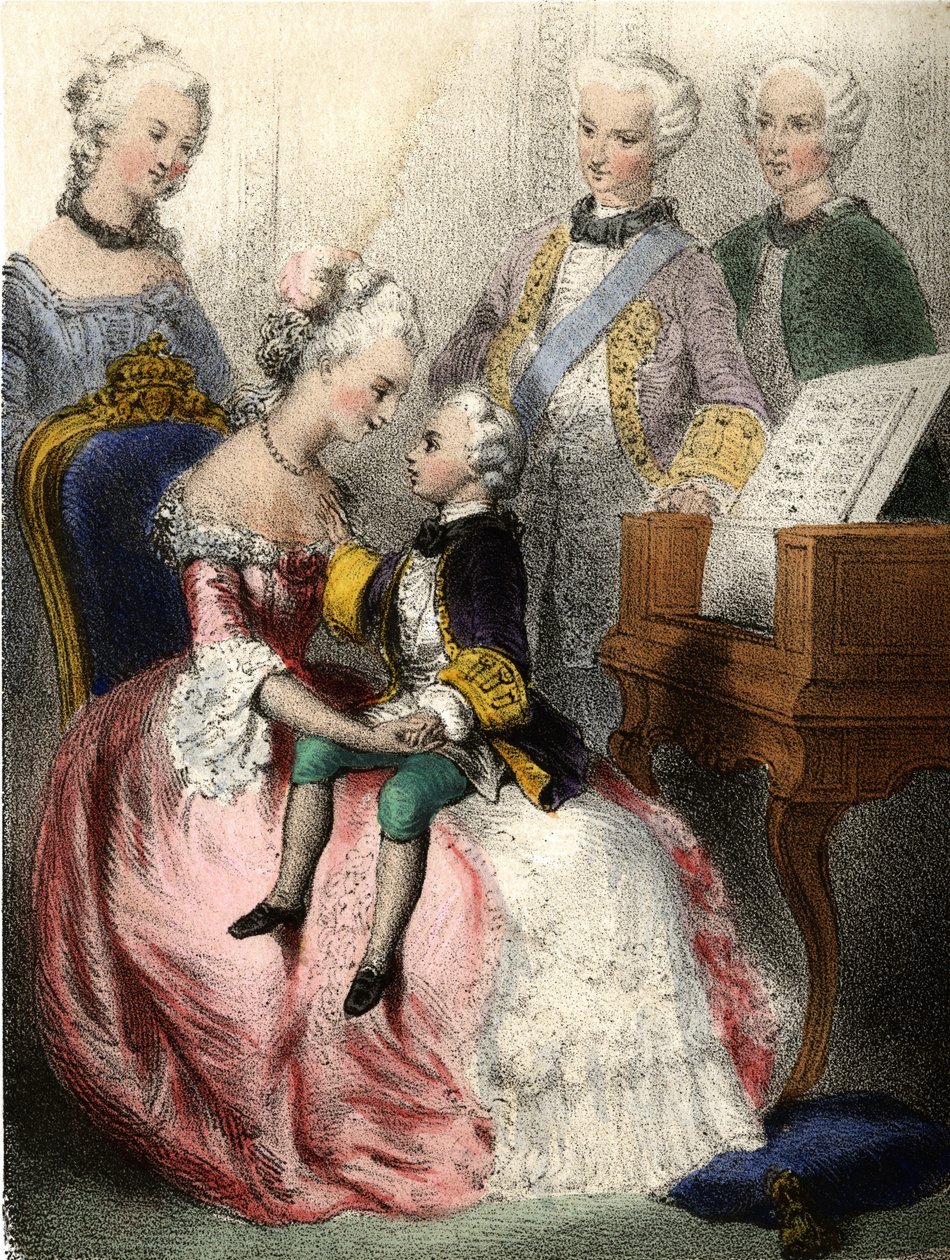 Wolfgang Amadeus Mozart (1756-1791) v náruči rakouské císařovny Marie-Tereze (Marie Therese) - v „“Ilustrované děti – historické příběhy““ od Madame Eugenie Foa od French School