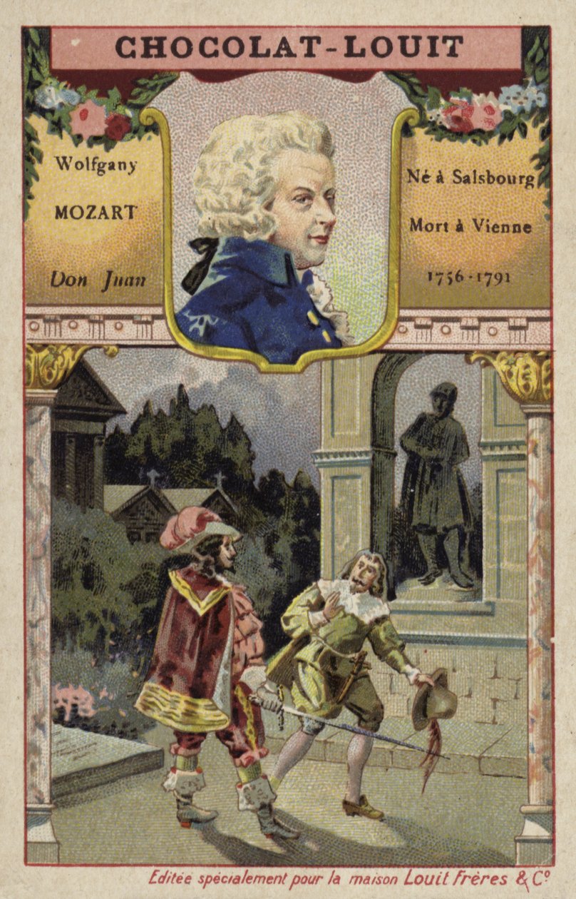 Wolfgang Amadeus Mozart, rakouský skladatel, a scéna z jeho opery Don Juan (chromolit) od French School