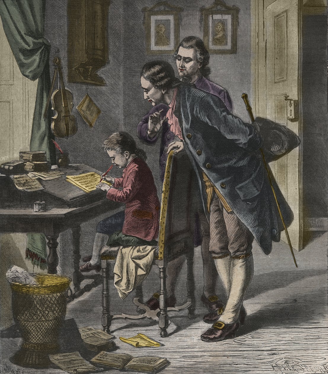 Wolfgang Amadeus Mozart píše koncert v přítomnosti svého otce Leopolda, ilustrace z „La Musique Populaire“ od French School